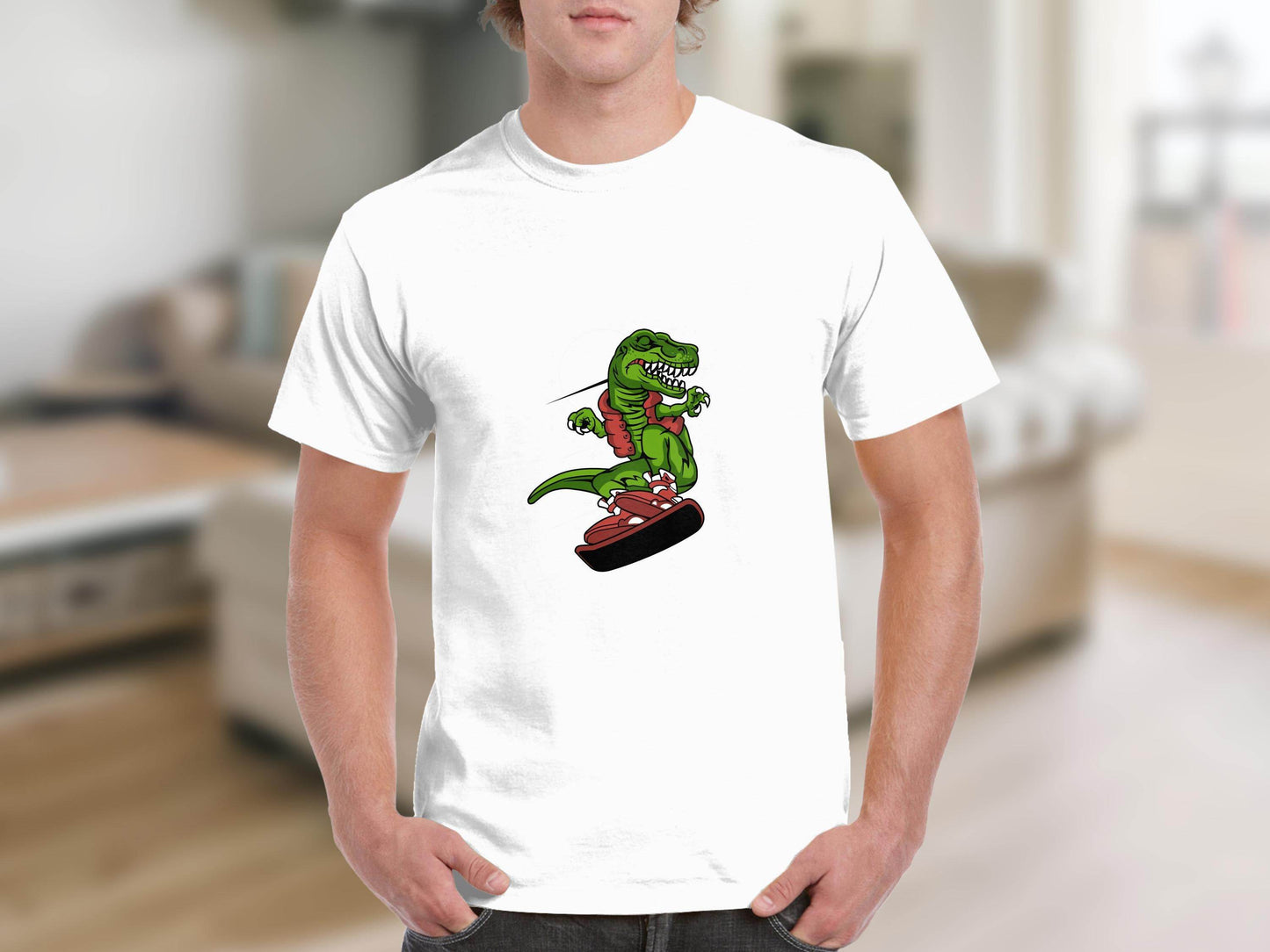 Dinosaur On a Snowboard Cartoon Graphic Style T-Shirt - Design & Vybe