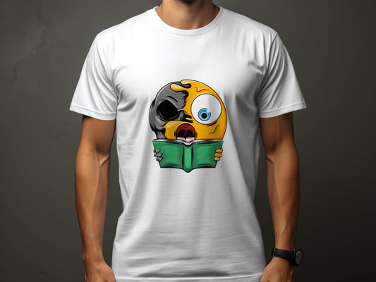 Half Emoji Half Skull Reading Book Funny Design T-Shirt - Design & Vybe