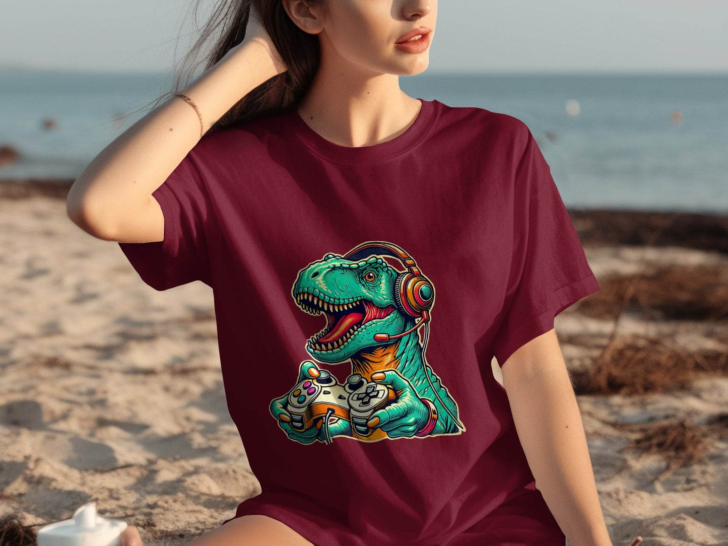 Gaming Dinosaur Retro Controller Funny Gamer Design T-Shirt - Design & Vybe
