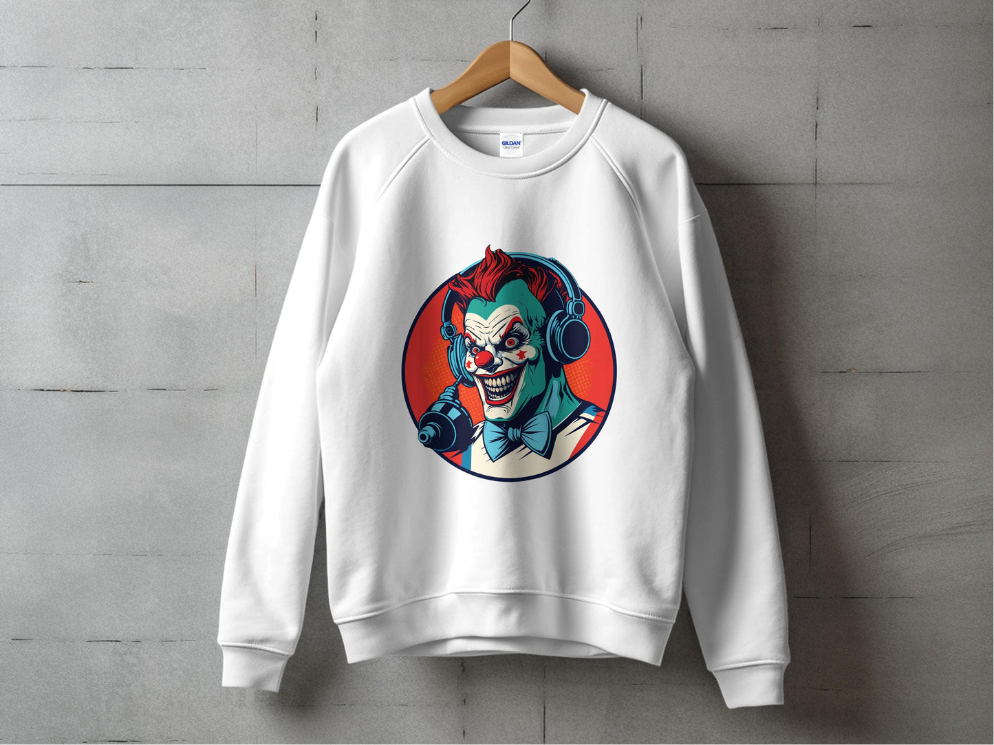 Scary Clown with Headphones Print on White Sweatshirt product