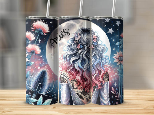 Aries Zodiac Sign Woman In Front Of The Moon Art Tumbler - Design & Vybe