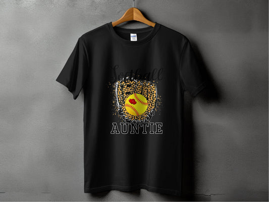 Softball Auntie with Hearts and Leopard Glove Design T-Shirt - Design & Vybe