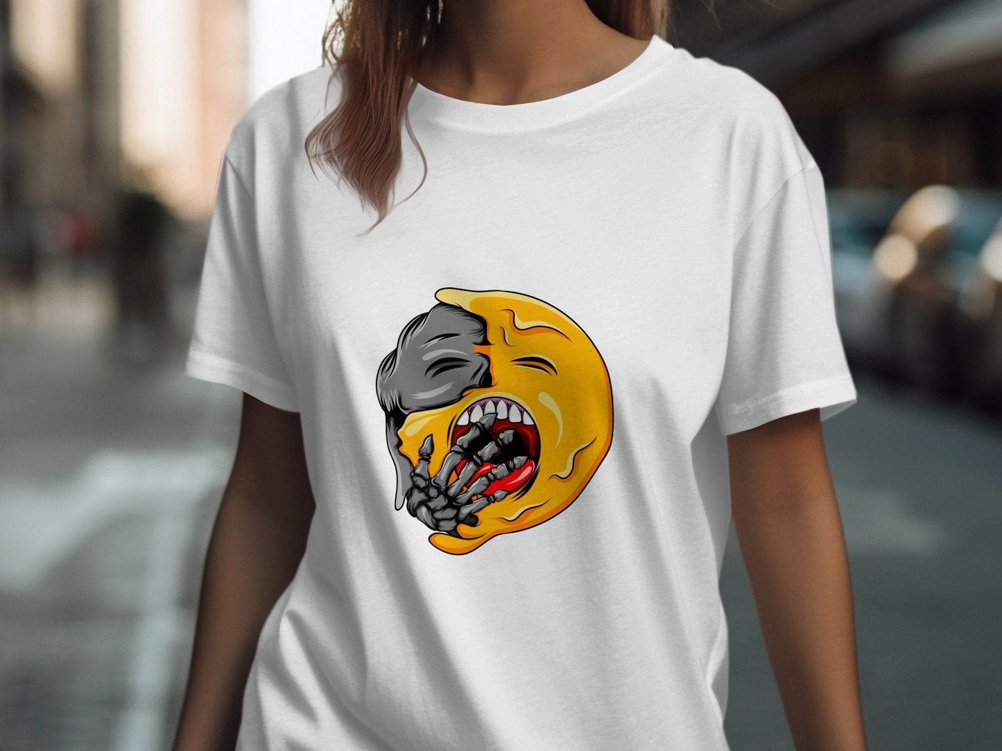 Zombie Emoji Biting Skeleton Hand Illustration T-Shirt - Design & Vybe