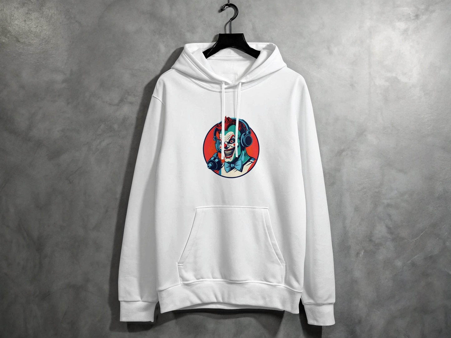 Evil Clown with Headphones Graphic Design Funny Hoodie - Design & Vybe