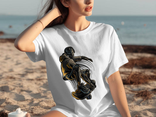 Futuristic Robot Skateboarding Graphic on Trendy T-Shirt - Design & Vybe