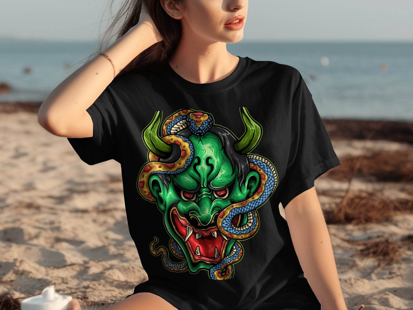 Bizarre Demon Face with Snake Design Horror T-Shirt - Design & Vybe