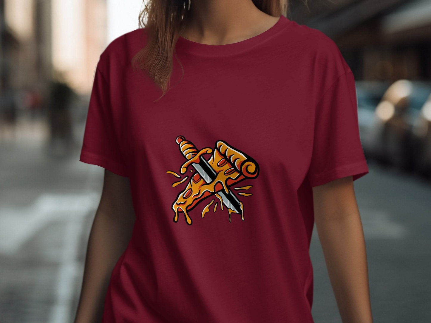 Pizza Slice Versus Sword Funny Artistic Design T-Shirt - Design & Vybe
