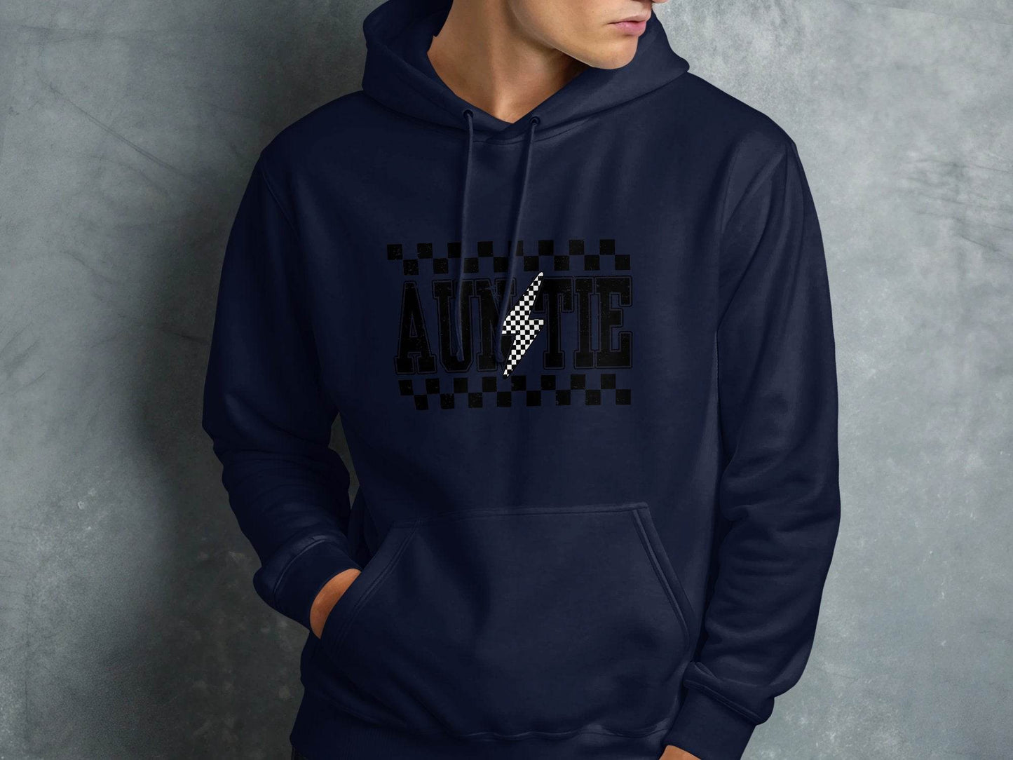 Auntie with Checkered Lightning Bolt Graphic Hoodie - Design & Vybe