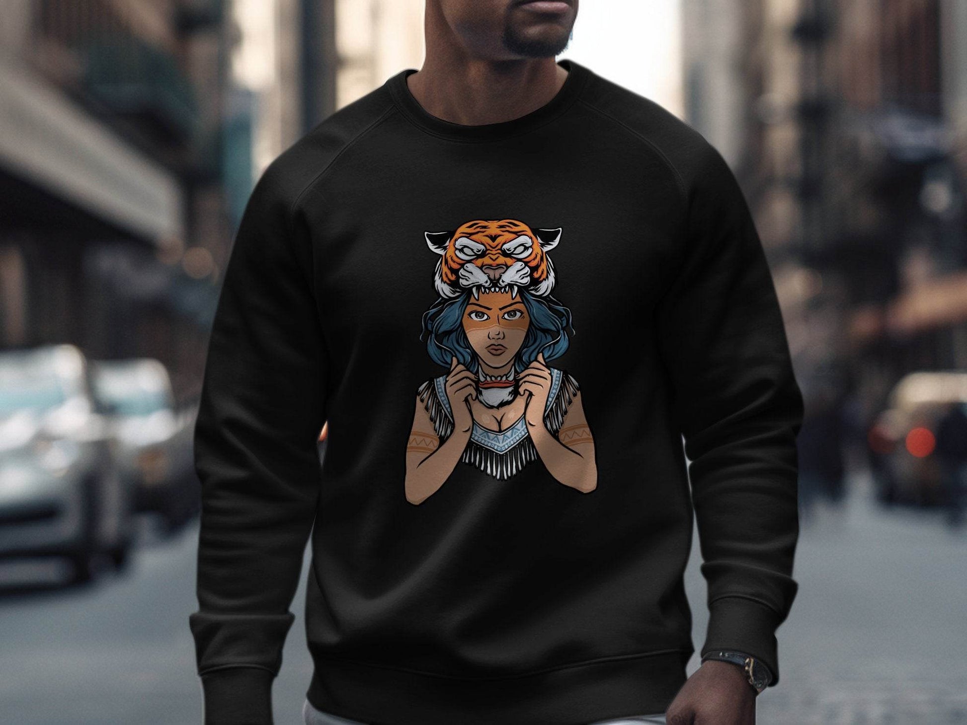 Fierce Tiger Spirit Headdress Young Woman Design Sweater - Design & Vybe