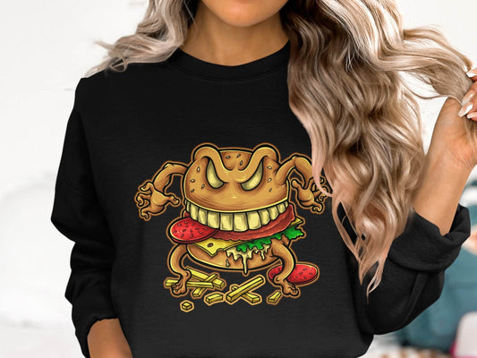 Quirky Cartoon Monster Cheeseburger Graphic Sweater - Design & Vybe
