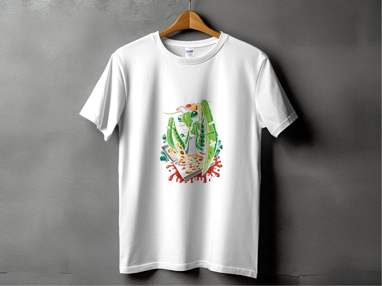Praying Mantis Enjoying Pizza With Some Drinks T-Shirt - Design & Vybe