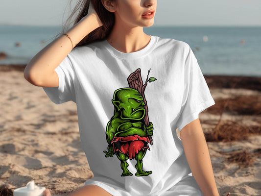 Green Troll Graphic T-Shirt With Red Skirt And Wooden Club - Design & Vybe