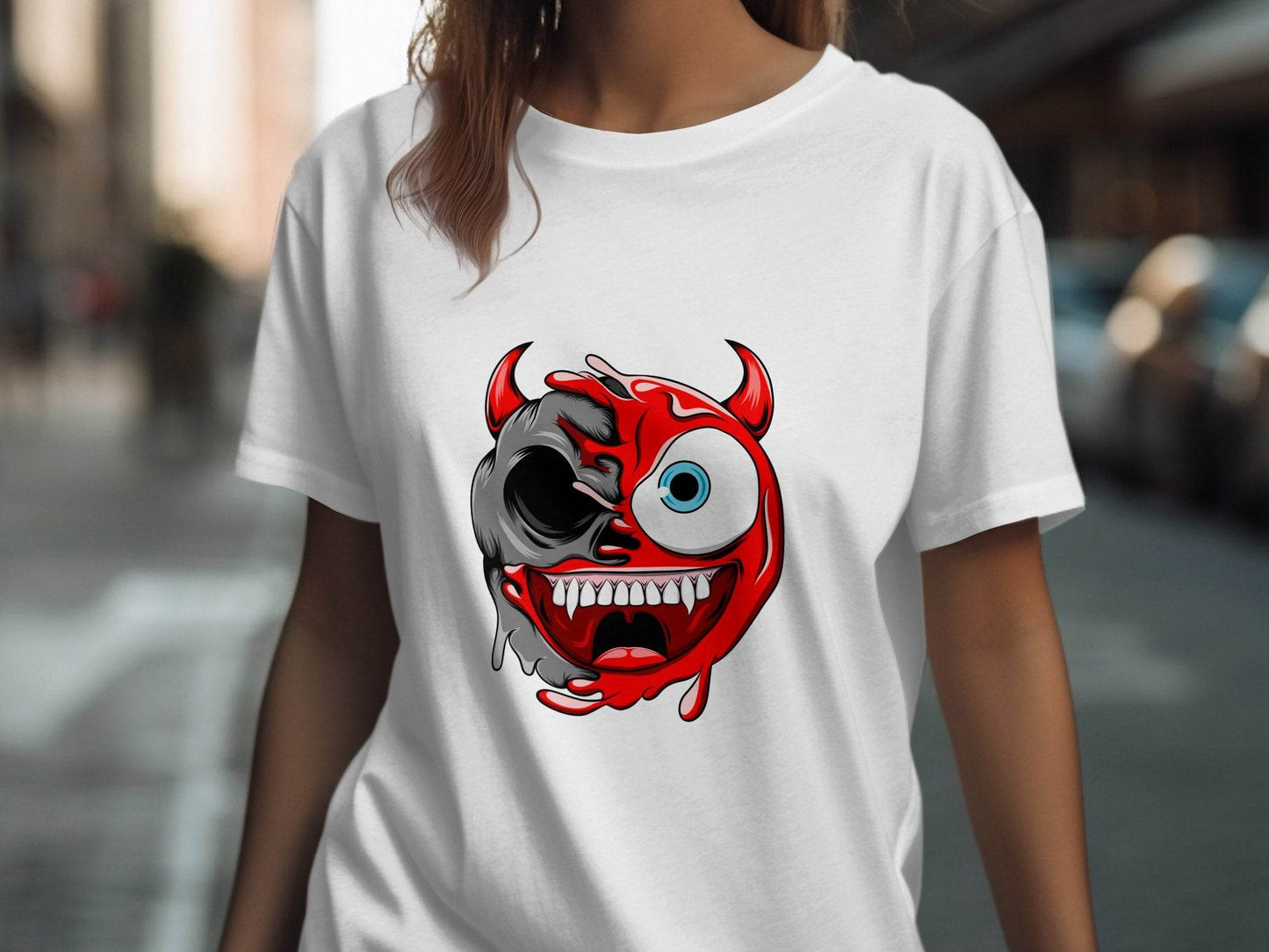 Half Skull Half Devil Smiling Face Design Art T-Shirt - Design & Vybe