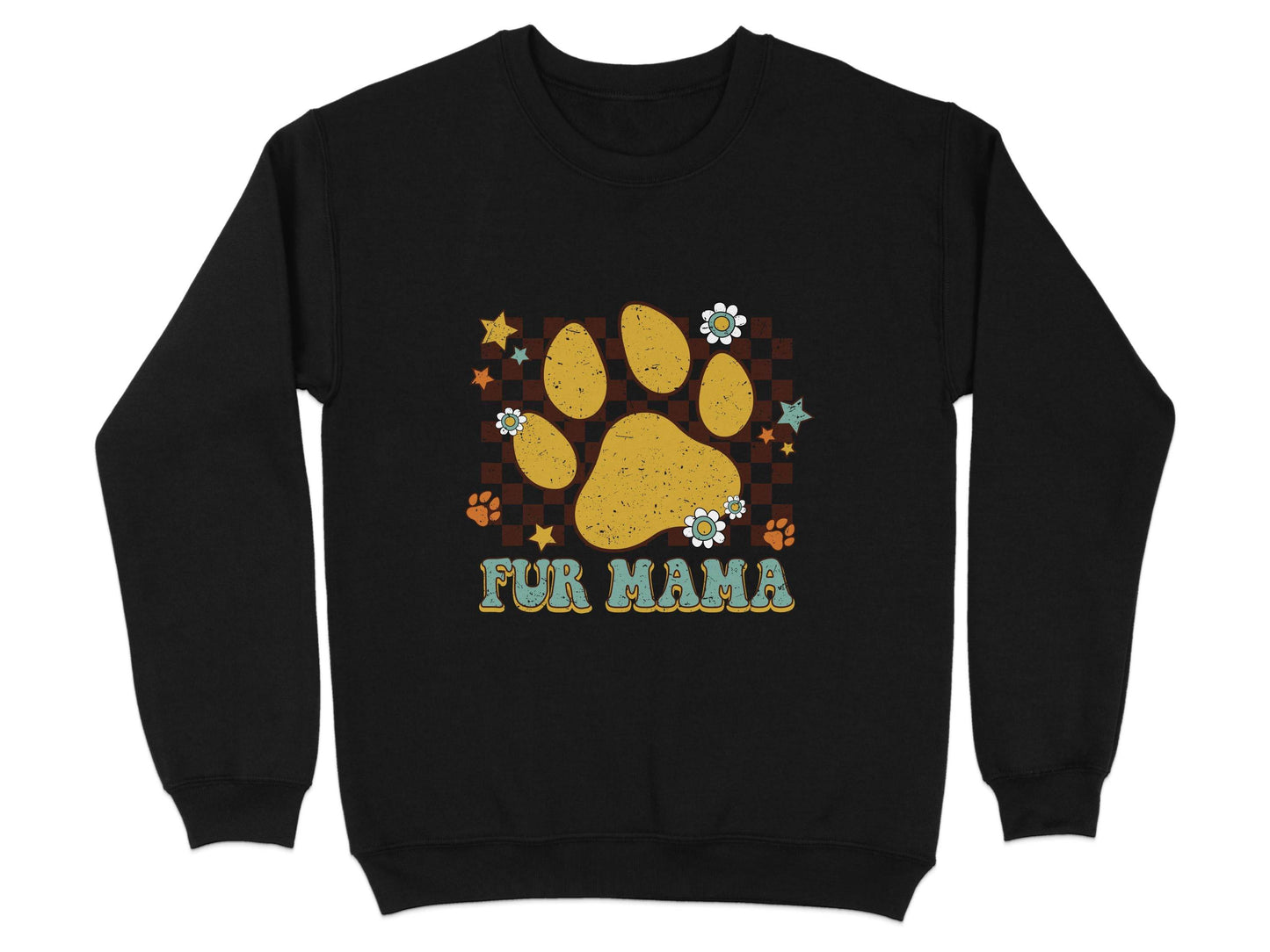 Fur Mama Paw Print Stars Flowers Checkered Pattern Sweater - Design & Vybe