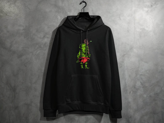 Green Troll Graphic Hoodie With Red Skirt And Wooden Club - Design & Vybe