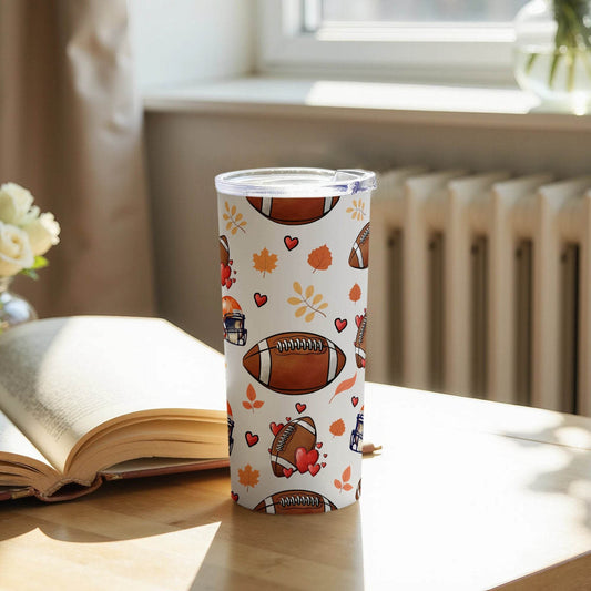 Football Helmet With Hearts And Leaves Pattern Design Tumbler - Design & Vybe