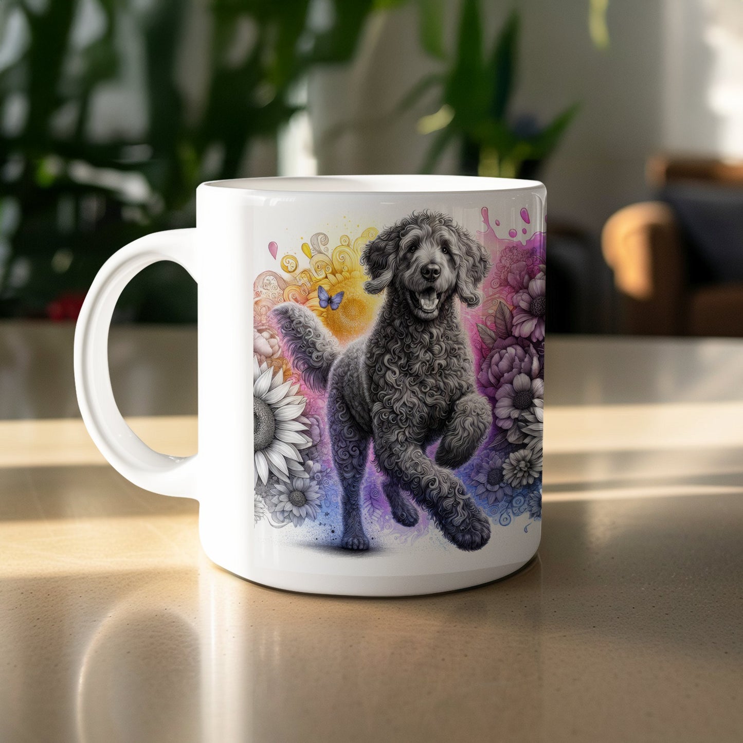 Joyful Poodle in a Floral Meadow Design Mug product