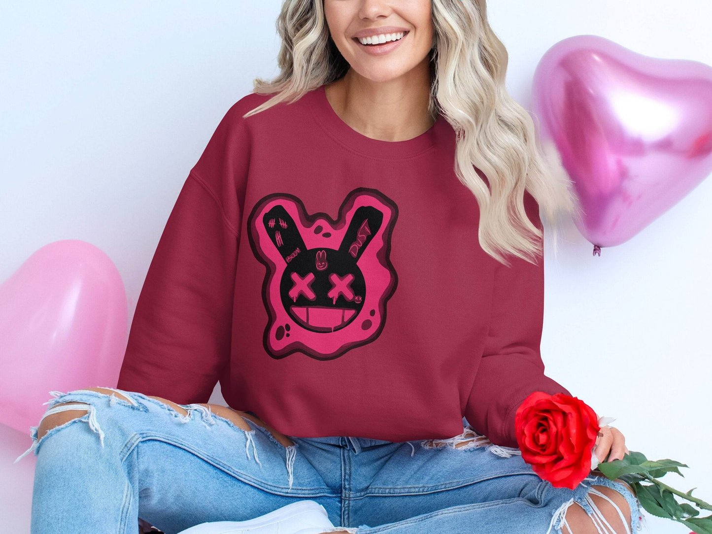 Unique Red Pink Dripping Rabbit Bunny Dead Smiley Face Graphic Sweater - Design & Vybe