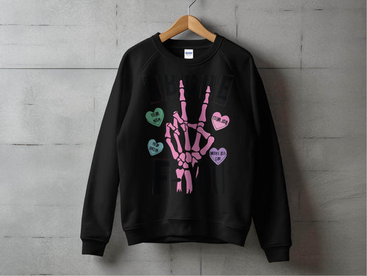 Humorous Skeleton Hand Gesture Graphic Sweater - Design & Vybe