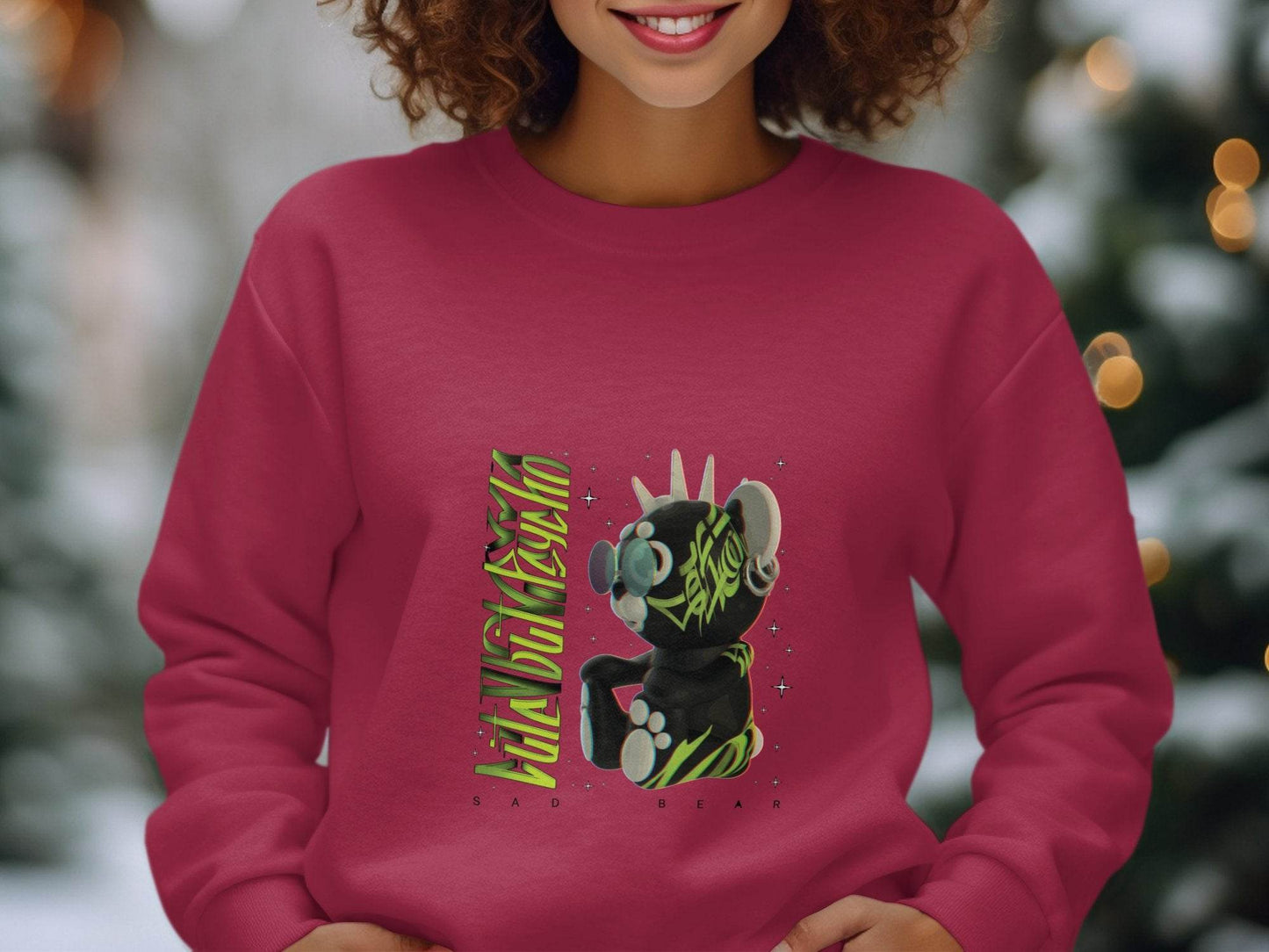 Sad Bear Black With Neon Green Graphics Design Sweater - Design & Vybe