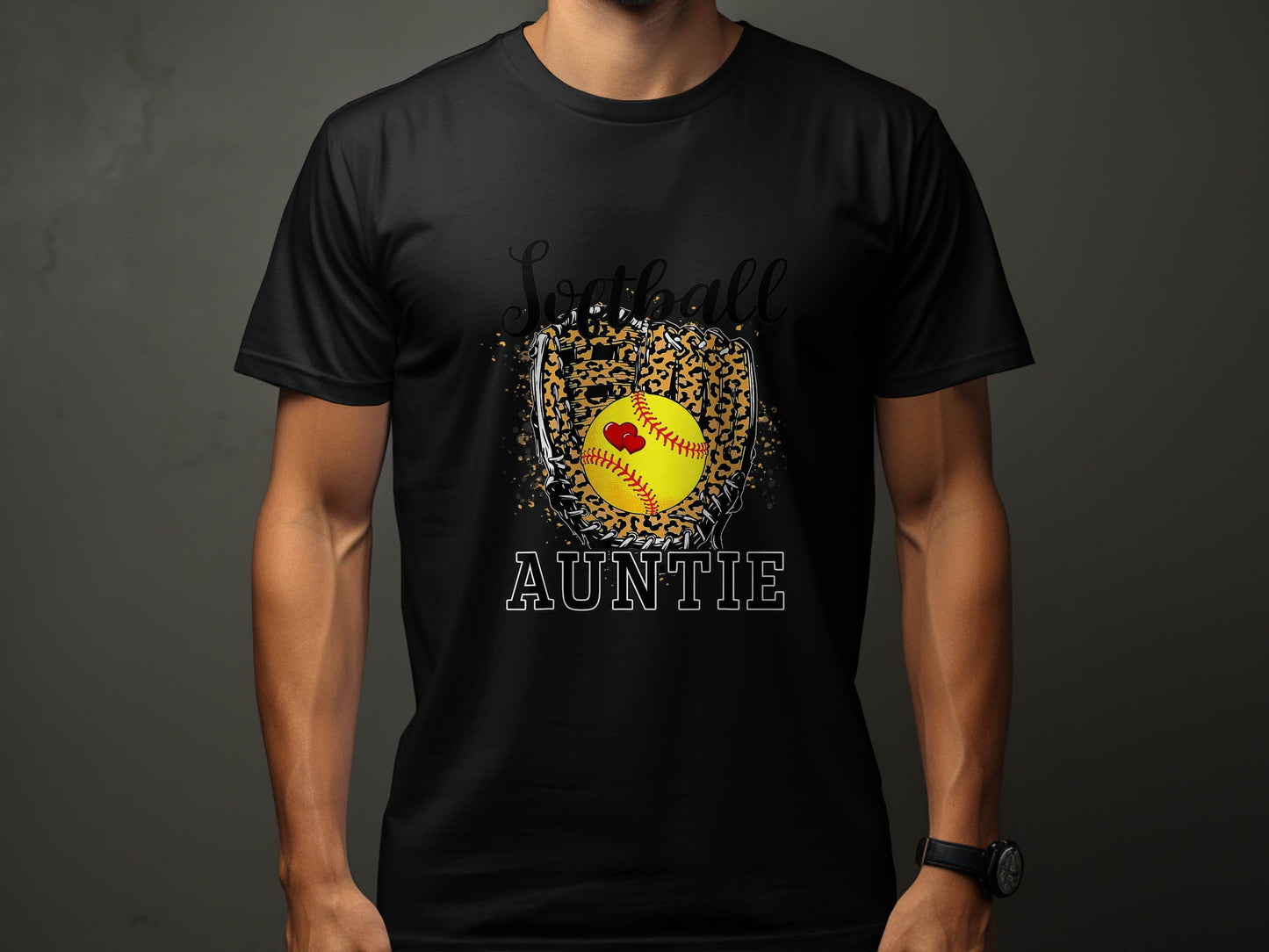 Softball Auntie with Hearts and Leopard Glove Design T-Shirt - Design & Vybe