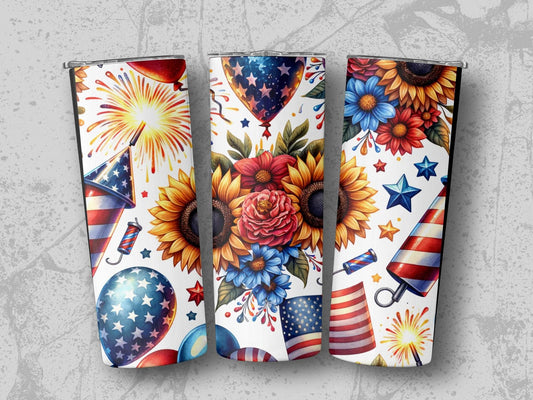 Patriotic Flowers Balloons Stars Pattern Background Tumbler - Design & Vybe