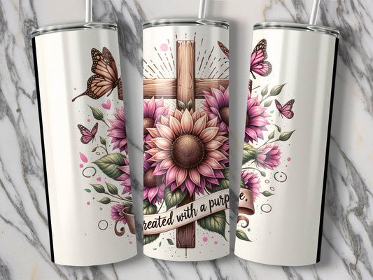 Created With A Purpose Floral Cross Butterflies Design Tumbler - Design & Vybe