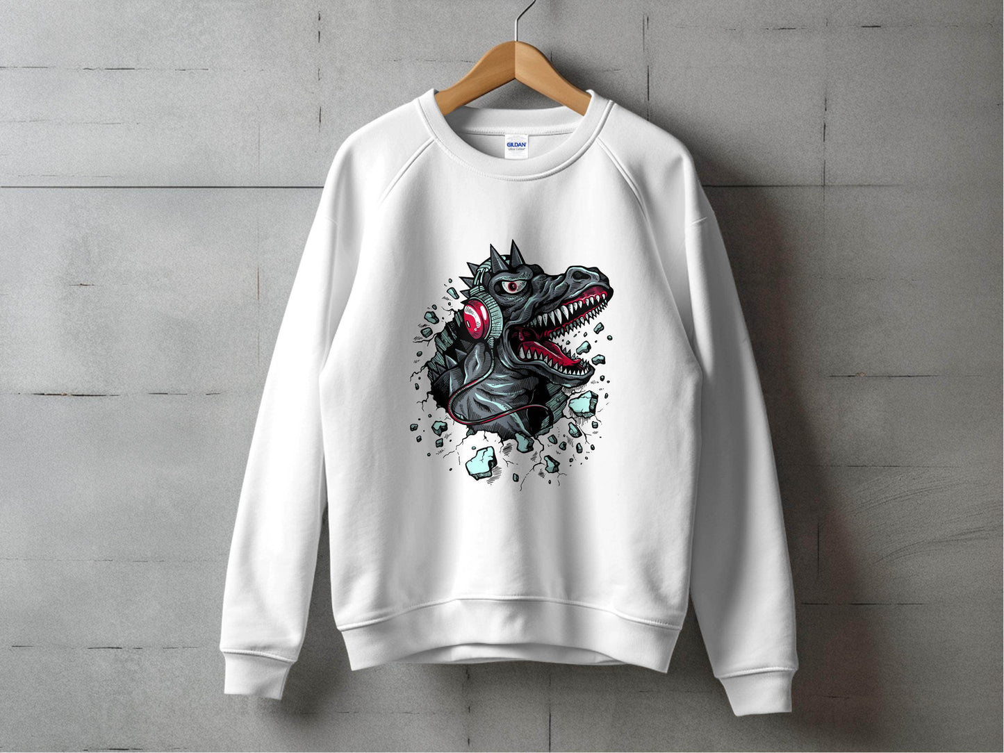 Fierce Dinosaur with Headphones Graphic Sweater - Design & Vybe