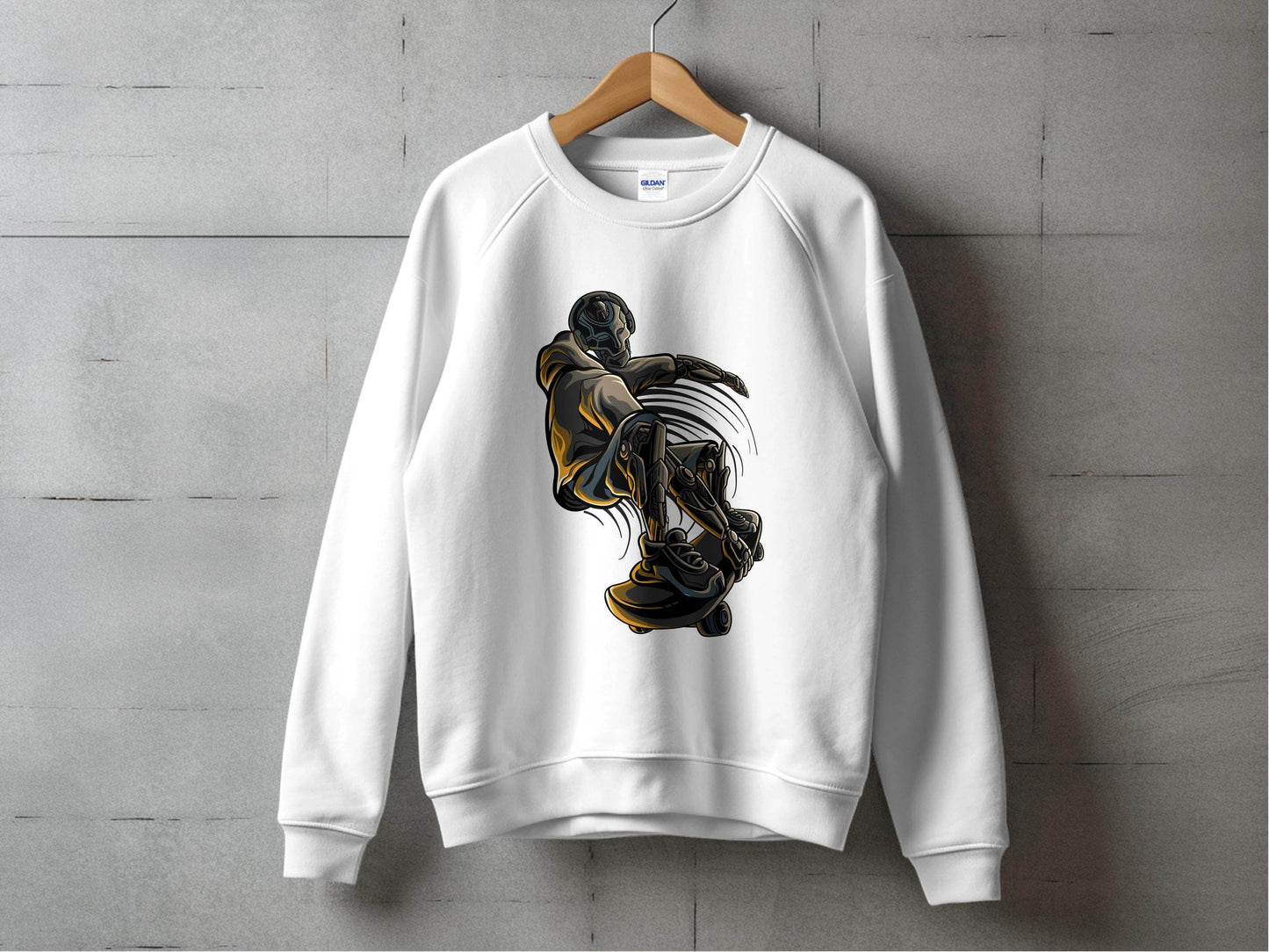 Futuristic Robot Skateboarding Graphic on Trendy Sweater - Design & Vybe