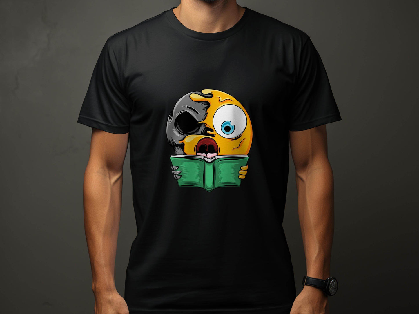 Half Emoji Half Skull Reading Book Funny Design T-Shirt - Design & Vybe