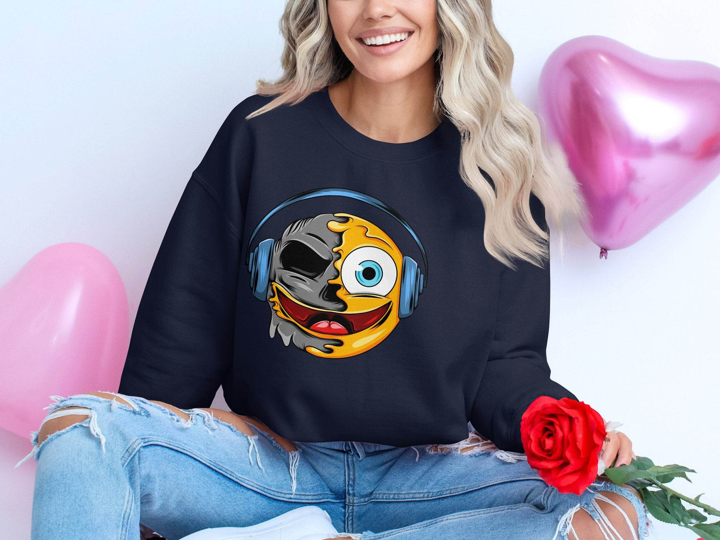 Bold Expression Headphones Smiley Graphic Sweater - Design & Vybe