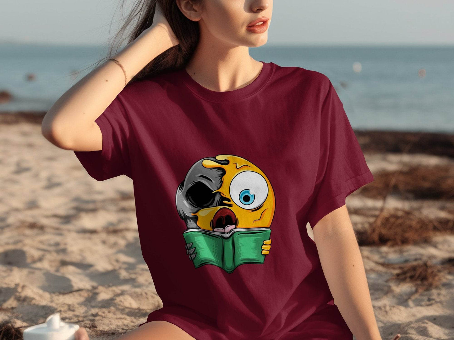 Half Emoji Half Skull Reading Book Funny Design T-Shirt - Design & Vybe