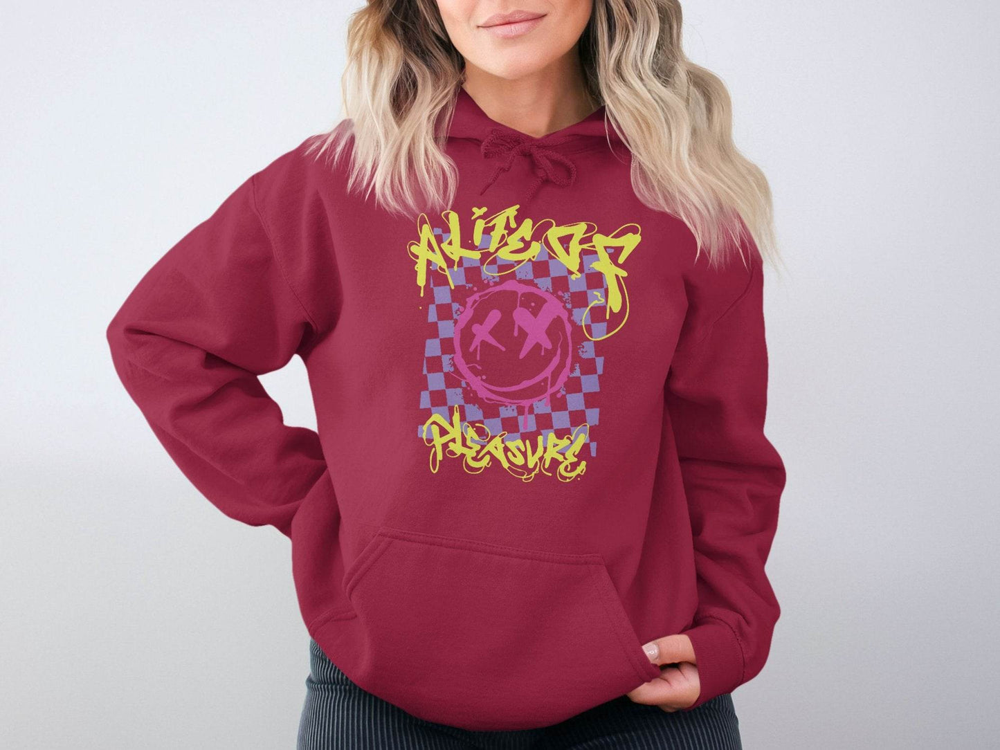 Grunge Smiley Checkered Dead Smile Graphic with Graffiti Hoodie - Design & Vybe