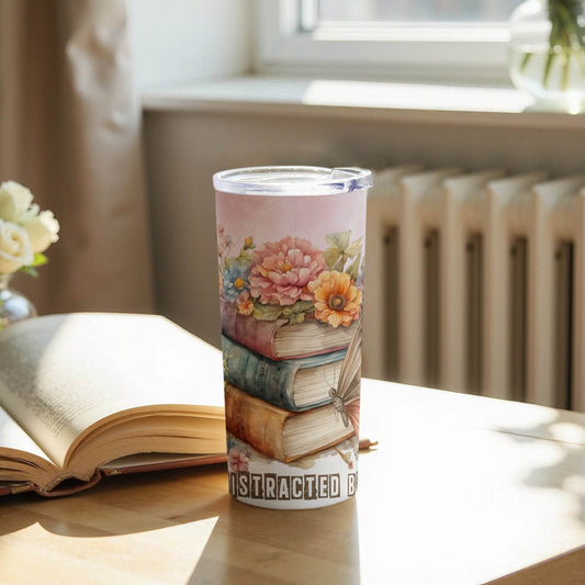 Easily Distracted by Books Stacked Floral Design Tumbler - Design & Vybe