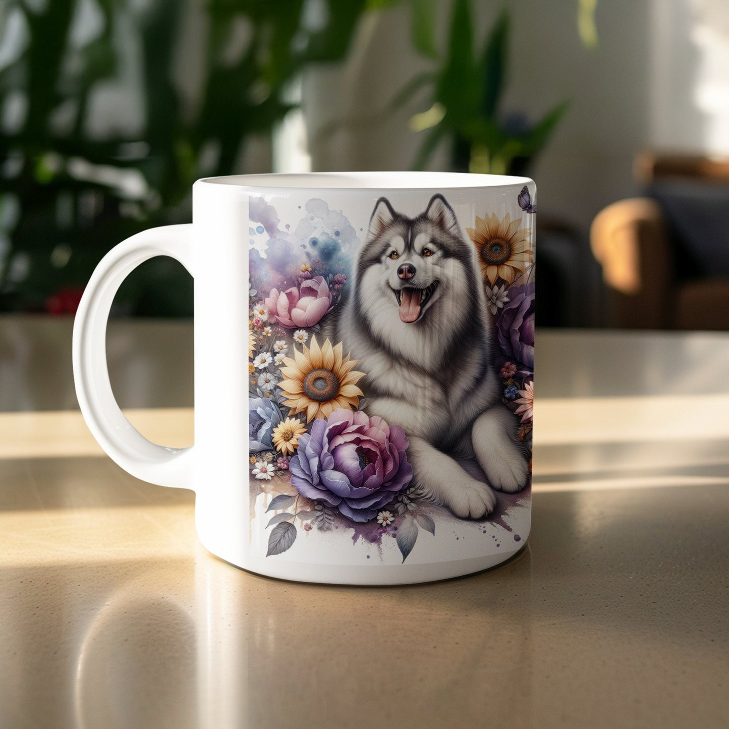 Husky Dog Surrounded By Colorful Flowers Mug product type