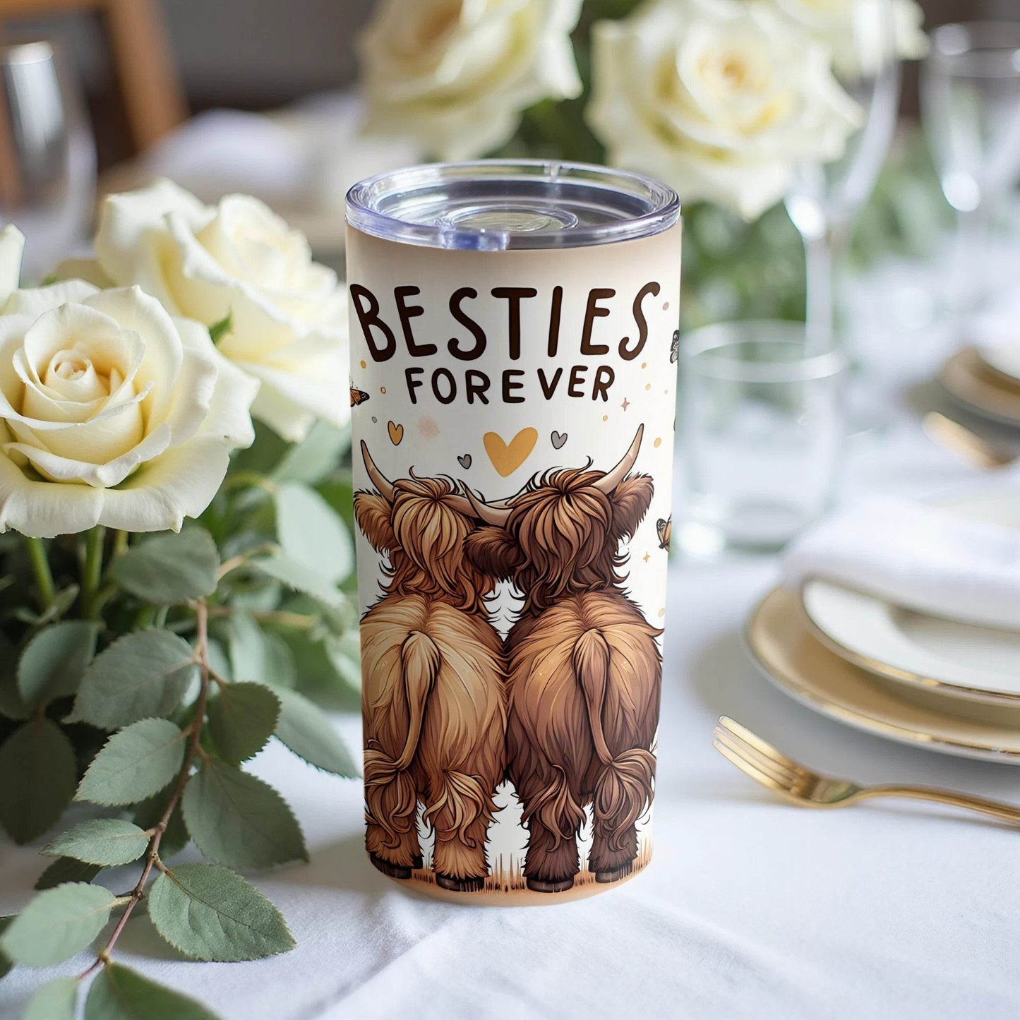 Besties Forever Highland Cows And Flowers Design Tumbler - Design & Vybe