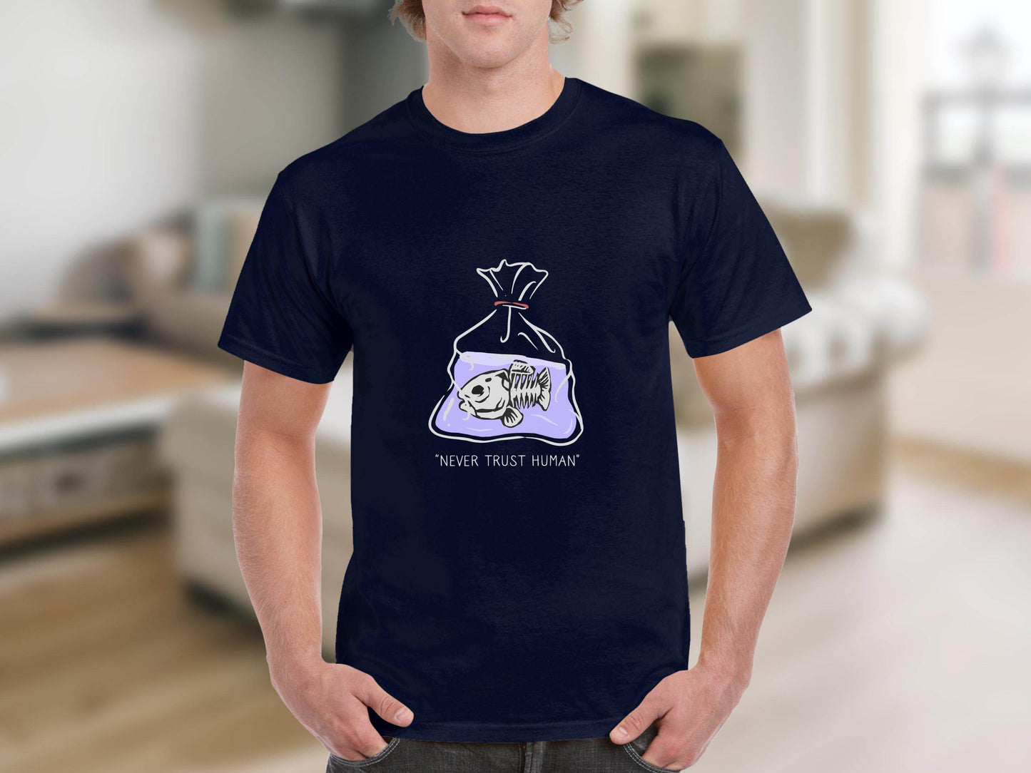 Never Trust Human Fish Skeleton Plastic Bag Design T-Shirt - Design & Vybe