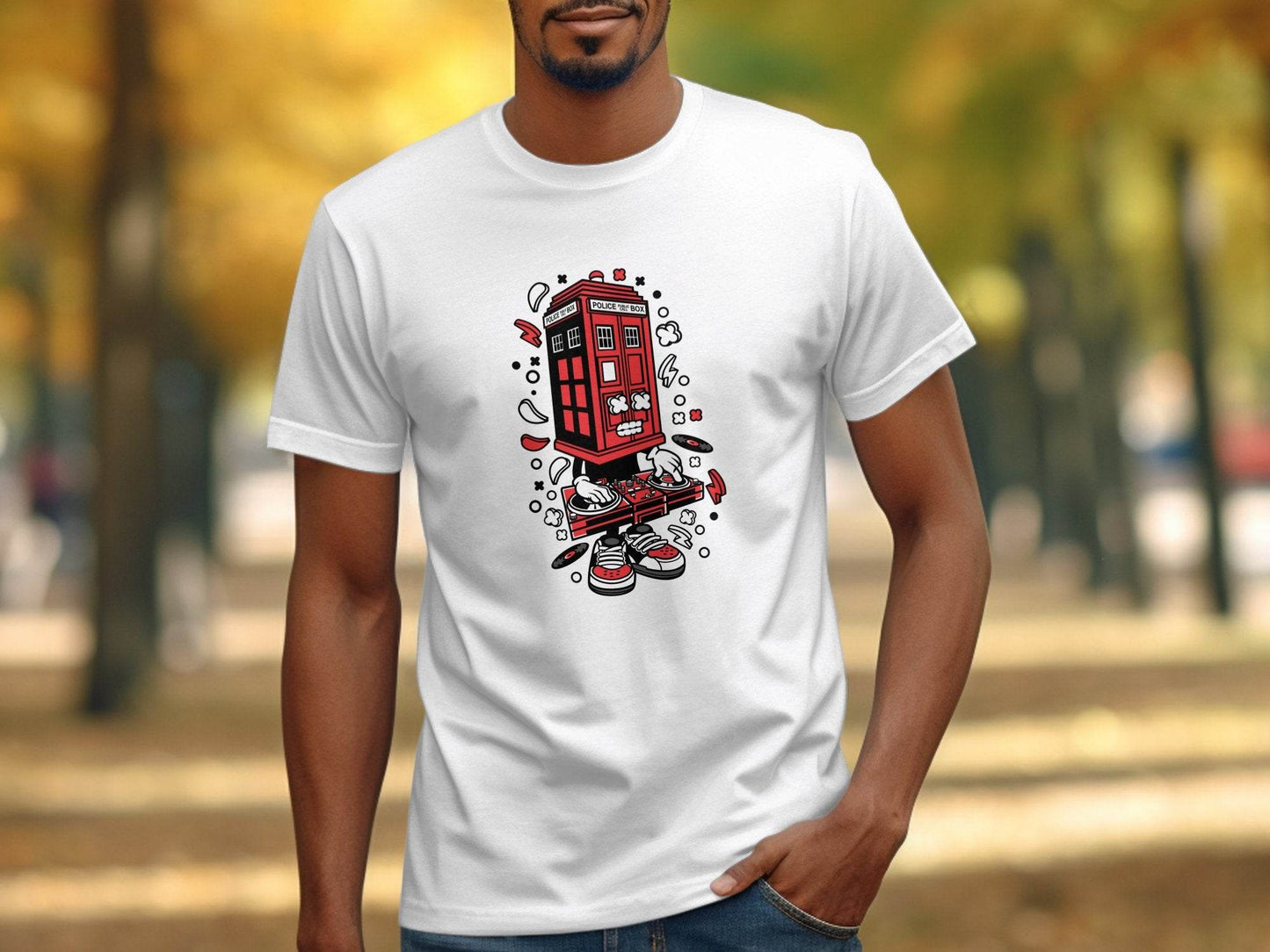 Unique DJ UK Phone Booth Design Graphic T-Shirt - Design & Vybe