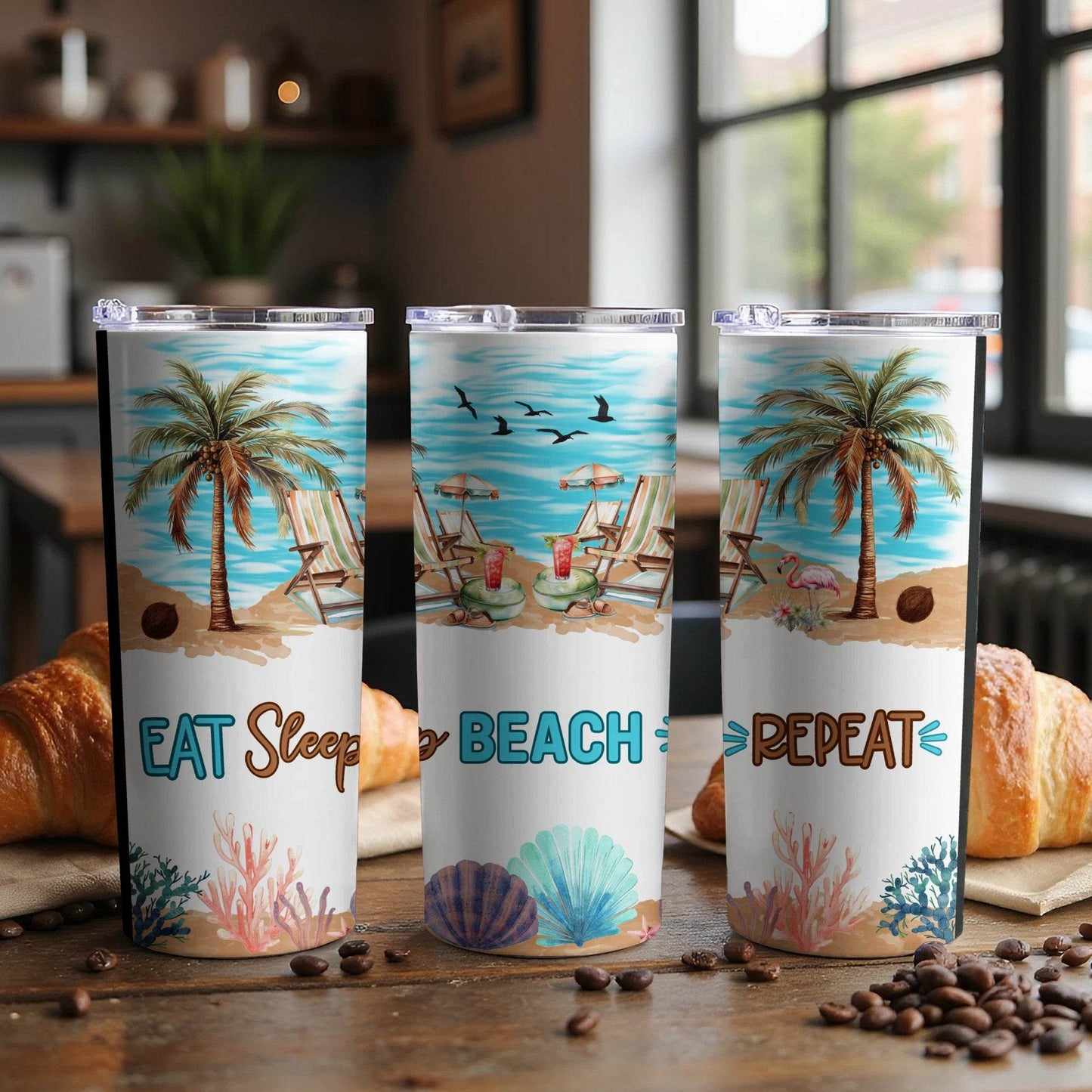 Beach Paradise Eat Sleep Beach Repeat Themed Design Tumbler - Design & Vybe