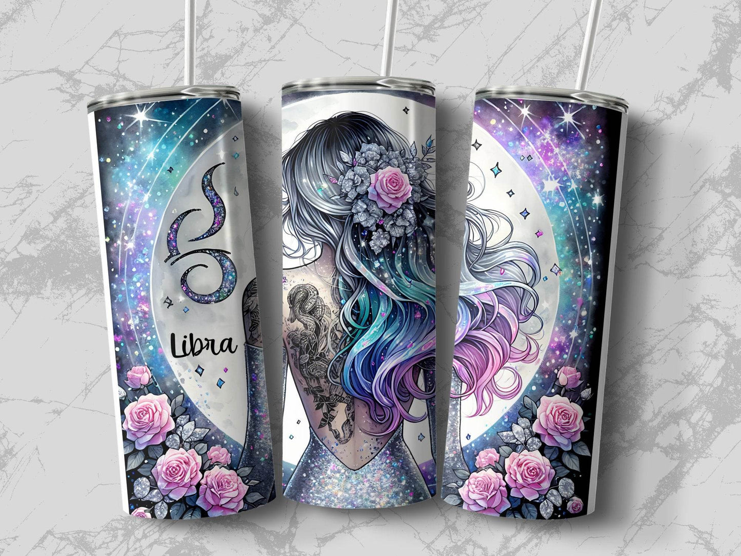 Libra Zodiac Sign Woman Roses Astrology Design with Moon Illustration Tumbler - Design & Vybe