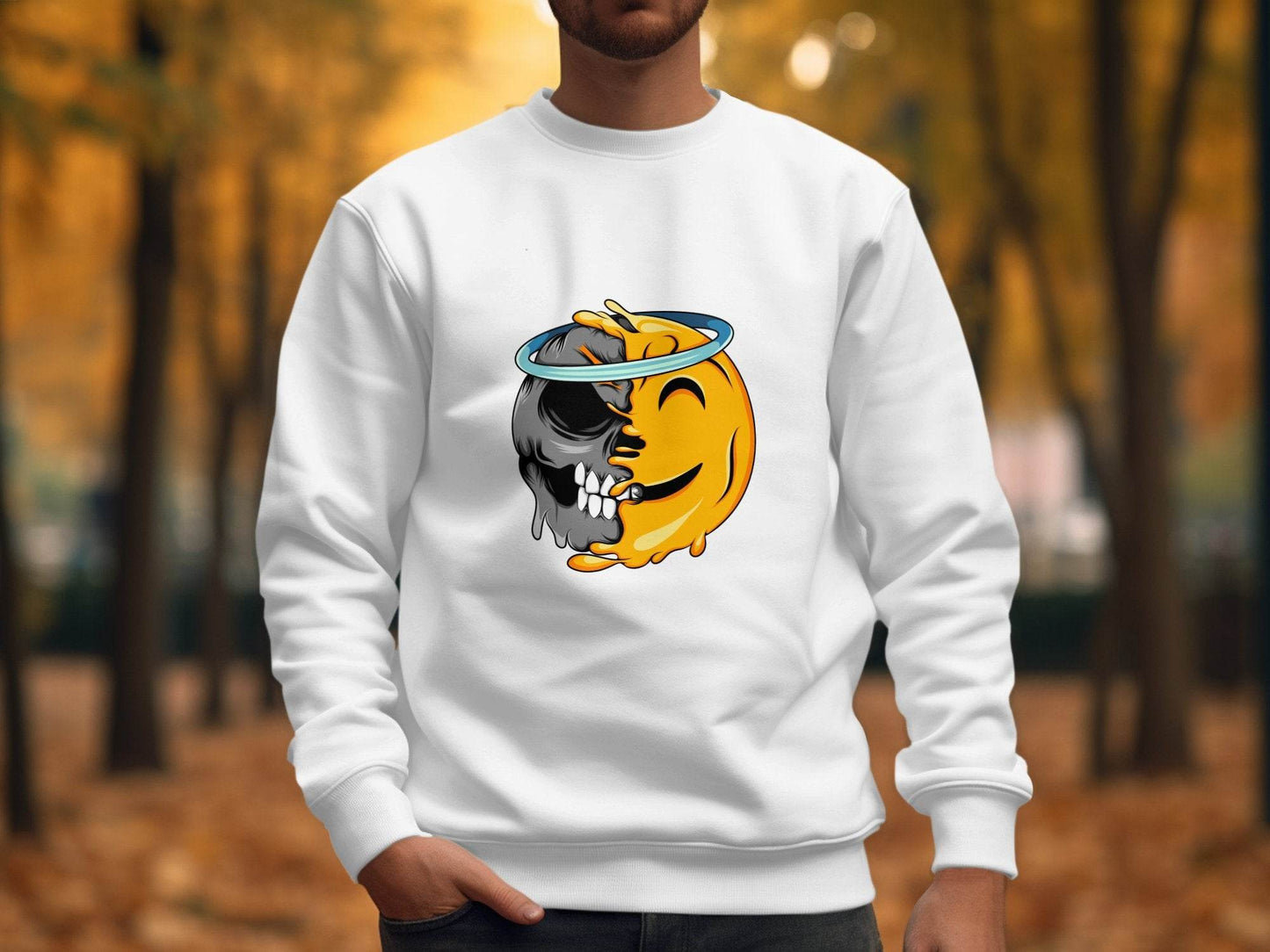 Skull Meets Emoji with a Halo Graphic Novelty Sweater - Design & Vybe