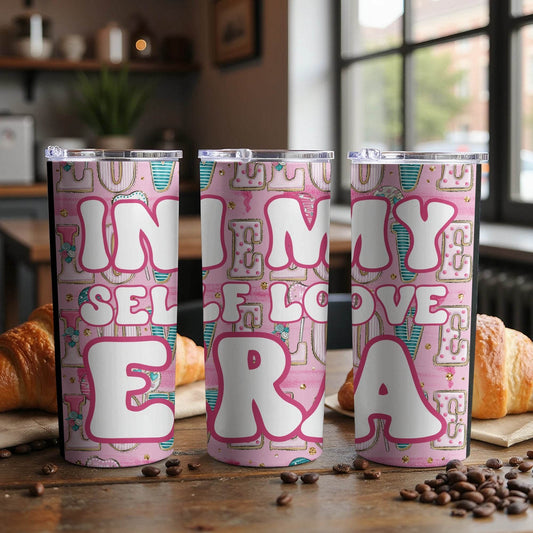 In My Self Love Era Positive Message Pink Background Tumbler - Design & Vybe