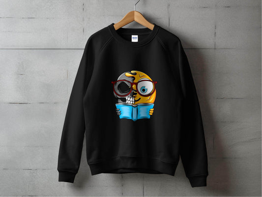 Half Skull Half Emoji Reading Book Illustration Sweater - Design & Vybe