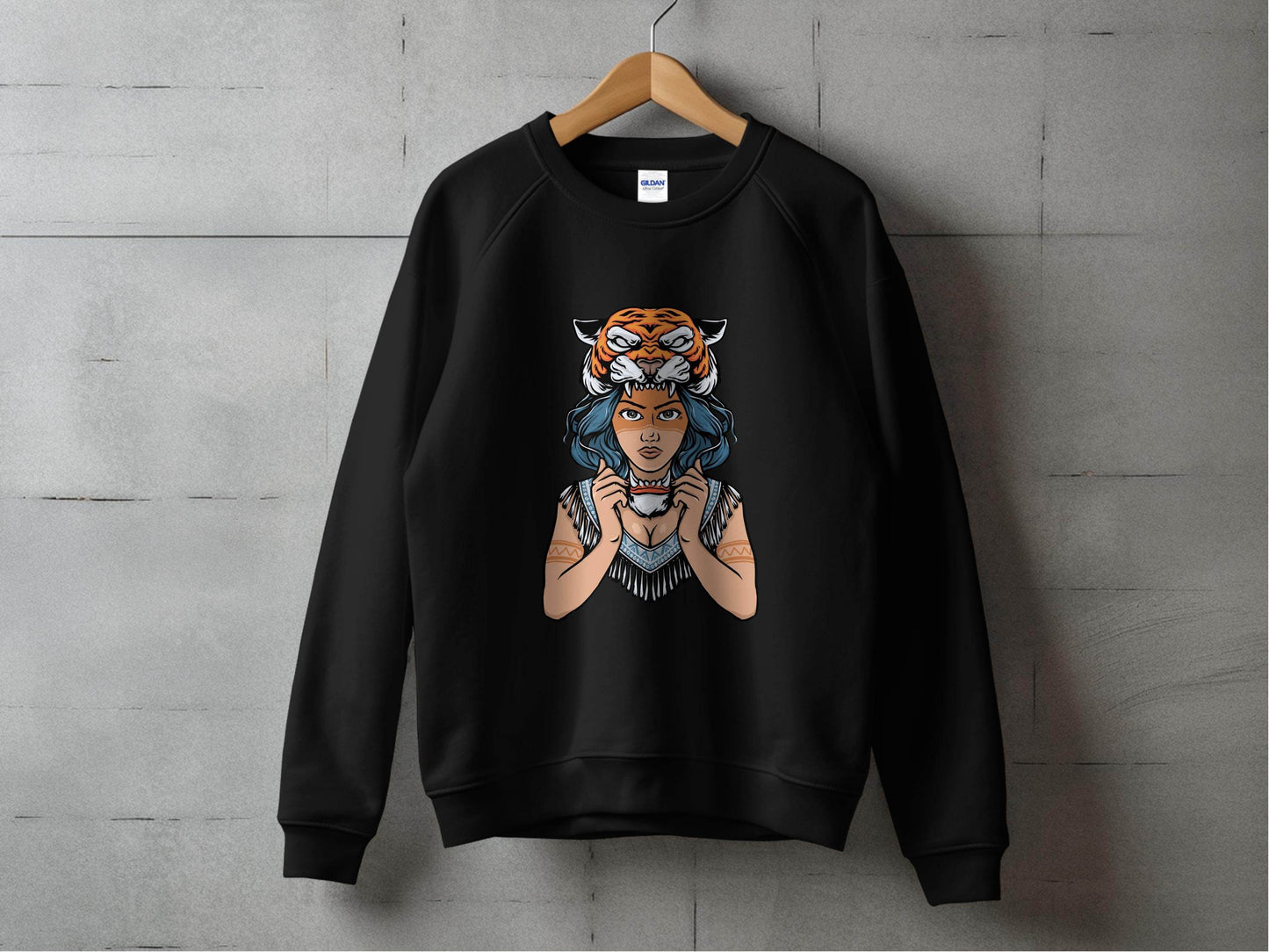 Fierce Tiger Spirit Headdress Young Woman Design Sweater - Design & Vybe