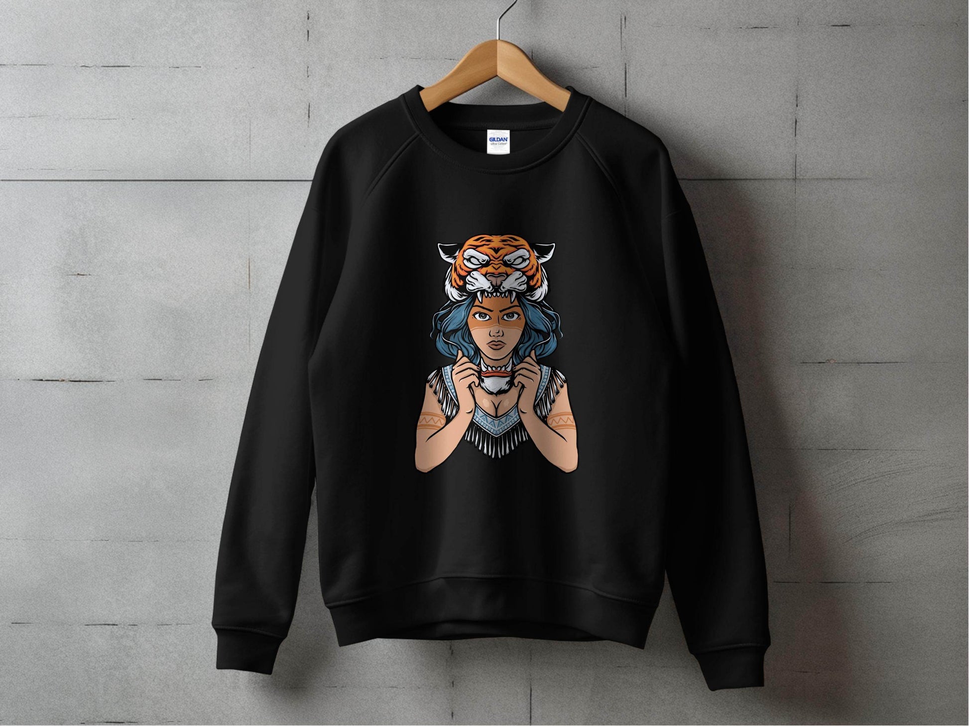 Fierce Tiger Spirit Headdress Young Woman Design Sweater - Design & Vybe