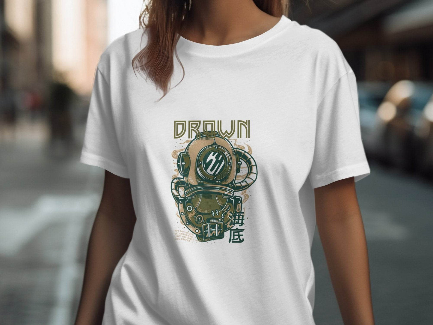 Retro Diving Helmet with DROWN Graphic Cool T-Shirt - Design & Vybe