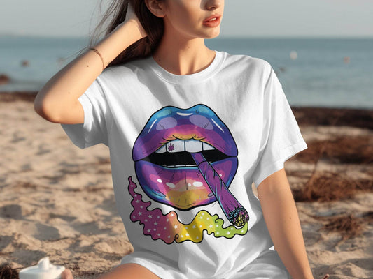 Colorful Lips Smoking Weed Design T-Shirt - Design & Vybe
