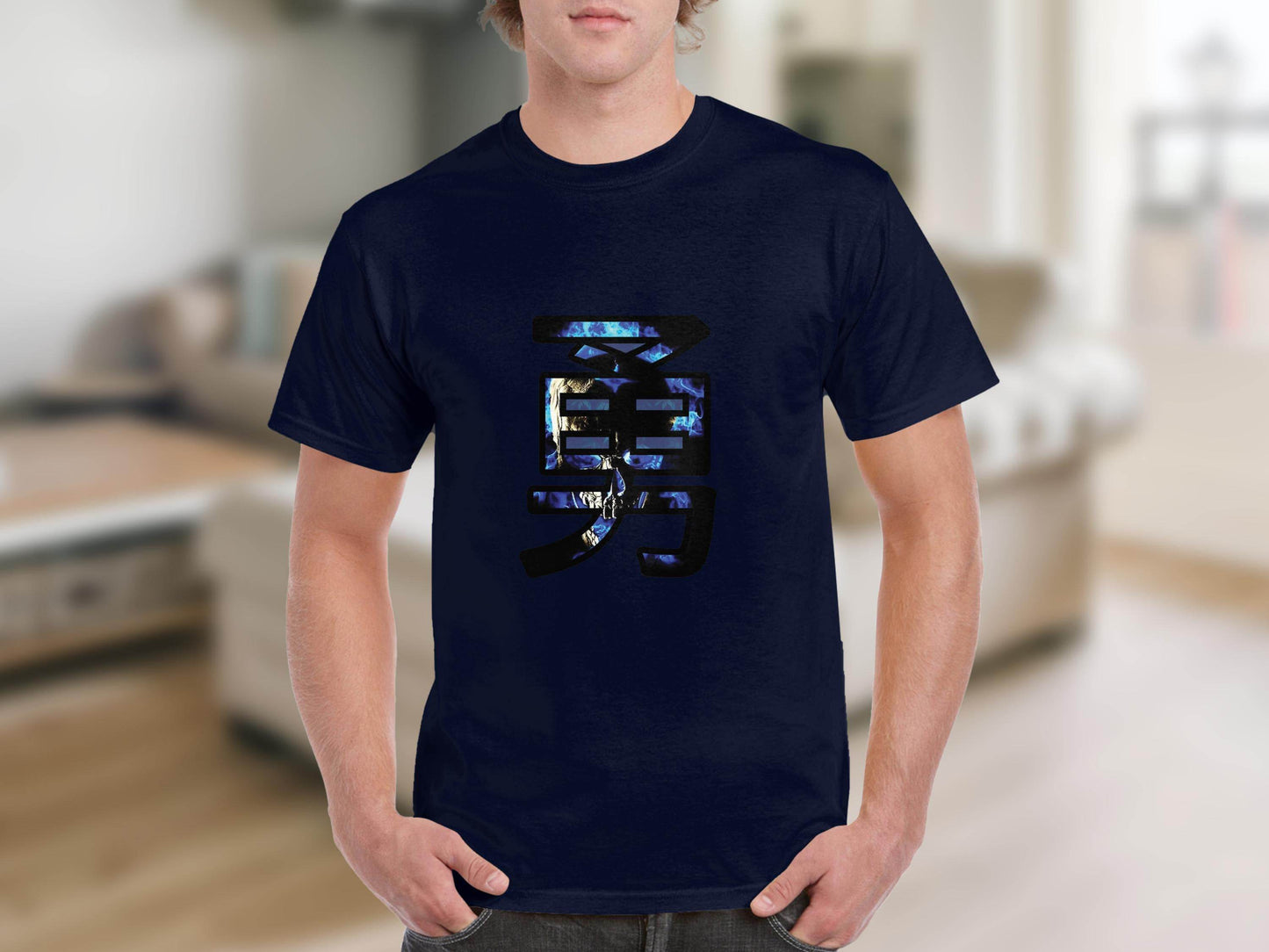 Japanese Symbol Courage Blue Flame Skull Graphic T-Shirt - Design & Vybe