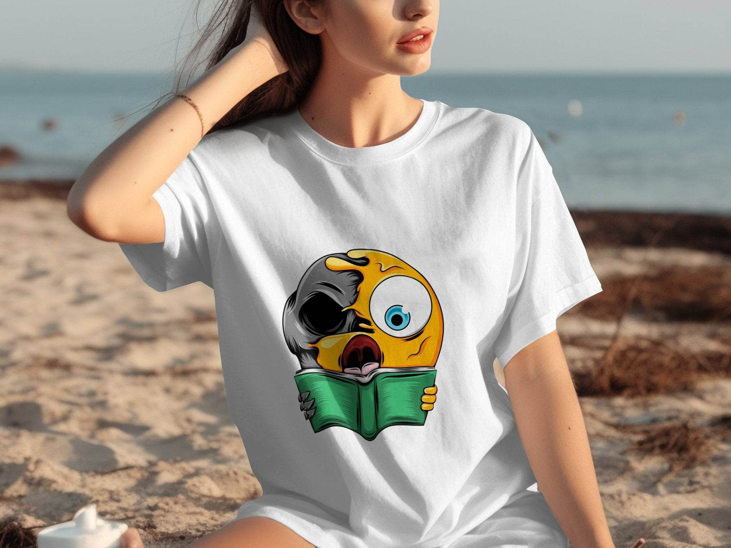 Half Emoji Half Skull Reading Book Funny Design T-Shirt - Design & Vybe