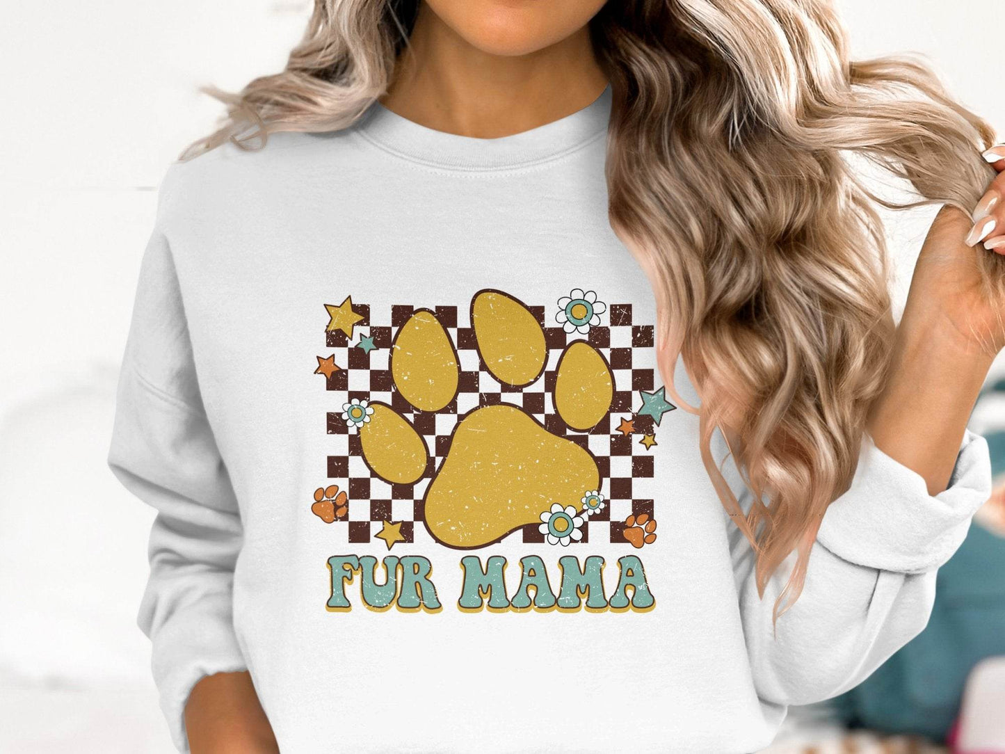 Fur Mama Paw Print Stars Flowers Checkered Pattern Sweater - Design & Vybe